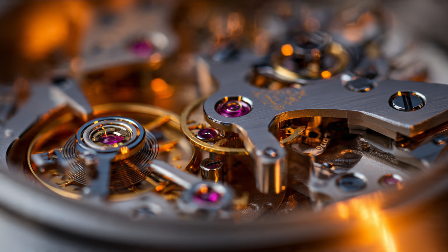 Macro photograph of a split-seconds chronograph movement showing column wheels, concentric chronograph arbors, and polished steel clamp levers under warm directional lighting