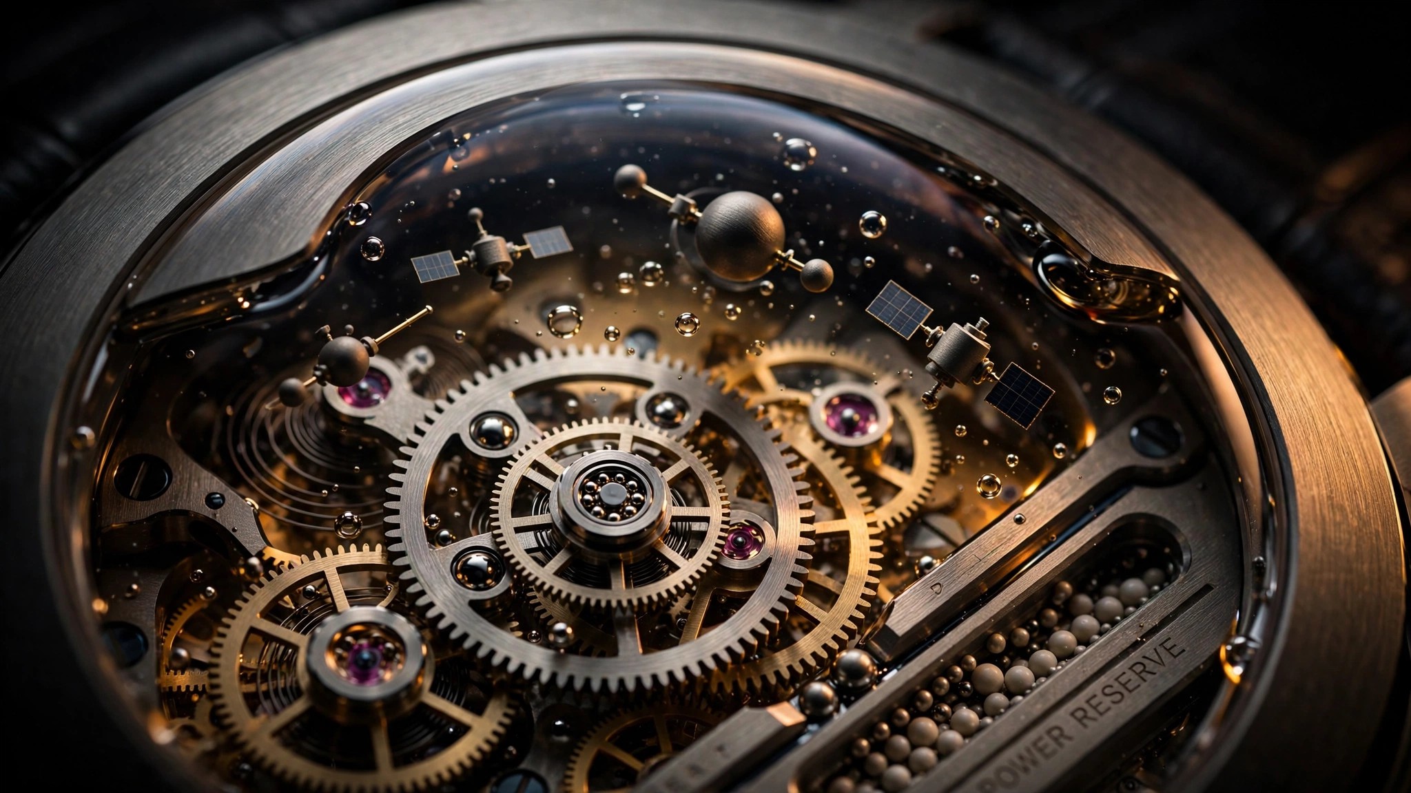 Macro photograph of a mechanical watch movement with orbital satellite display elements in an oil-filled chamber