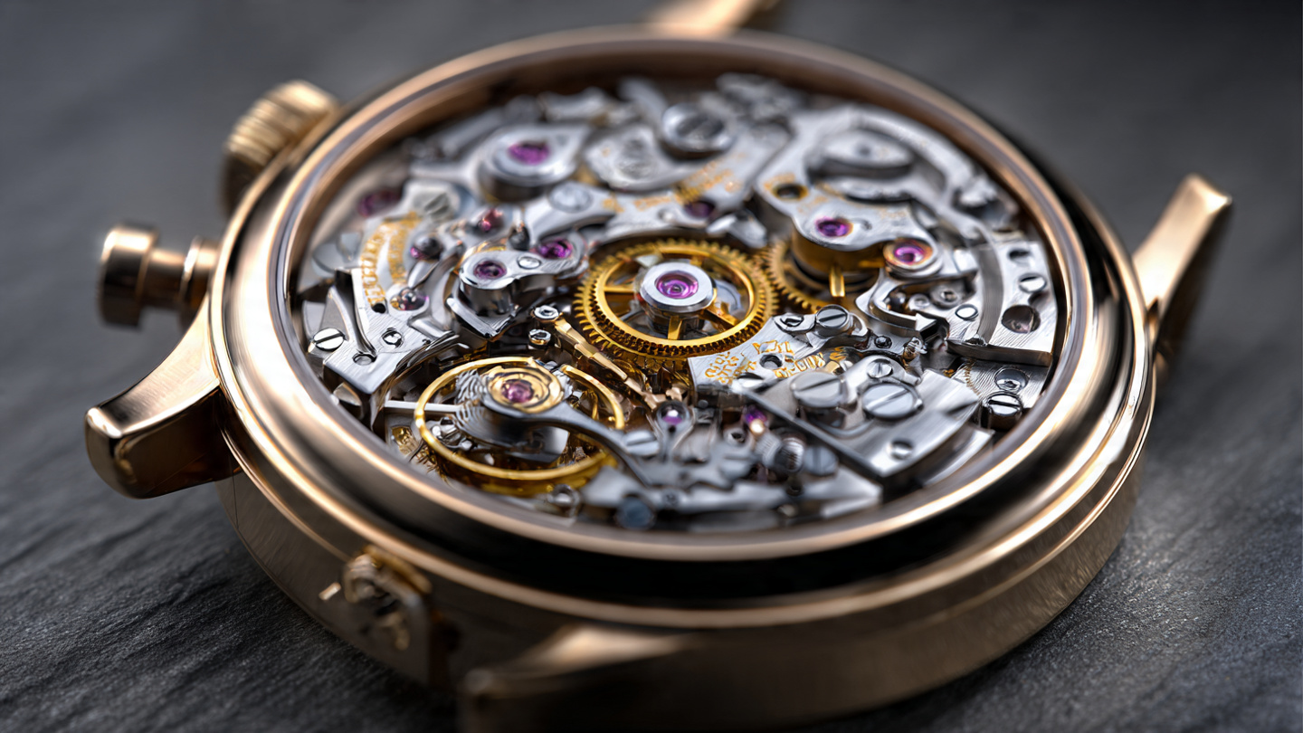 Macro photograph of a hand-finished flyback chronograph movement showing column wheel, horizontal clutch, and hand-beveled bridges under warm workshop lighting