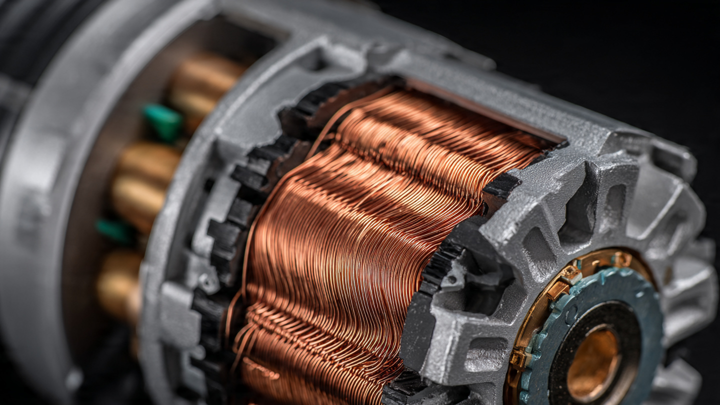 Close-up of a compact electric drive motor unit with visible copper stator windings and machined aluminum housing under warm workshop lighting