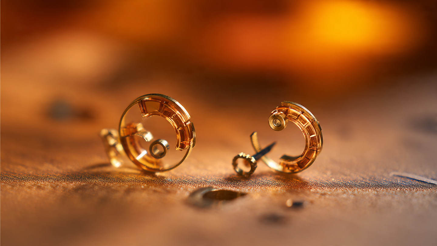 Macro photograph of silicon escape wheels and impulse rocker from a Rolex Dynapulse escapement under warm workshop lighting