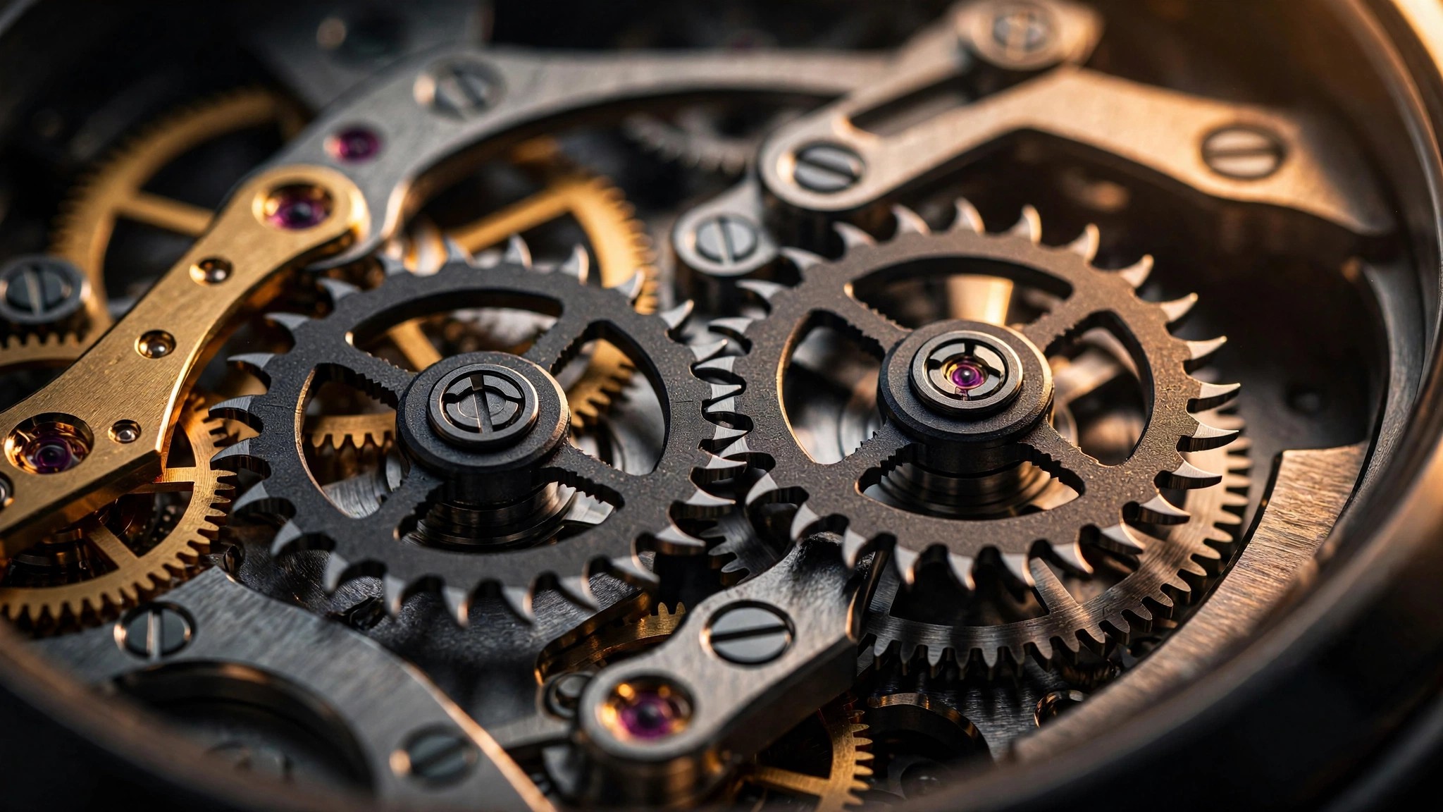 Macro view of the Rolex Dynapulse dual-wheel silicon escapement mechanism