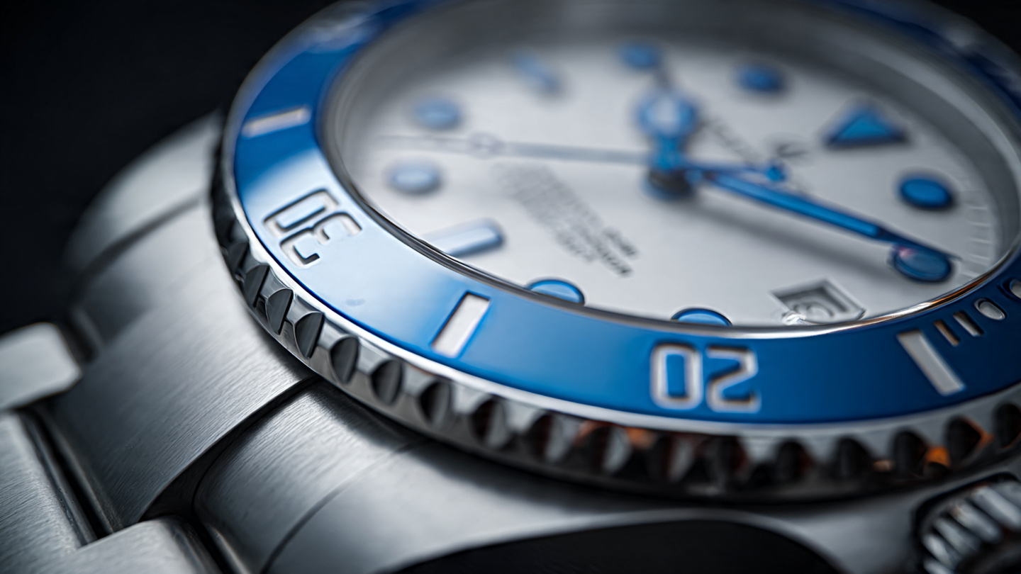 Close-up of a Rolex Yacht-Master II blue Cerachrom bezel and white dial with counterclockwise regatta countdown seconds hand