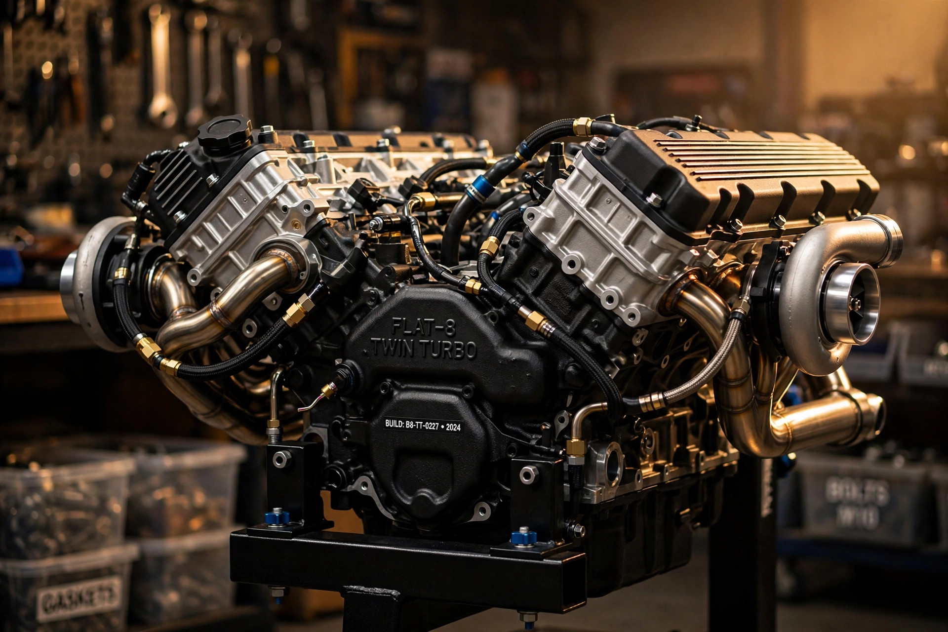 Editorial macro photograph of a horizontally opposed twin-turbo flat-eight engine on an assembly stand, warm amber workshop lighting, visible turbochargers and exhaust plumbing