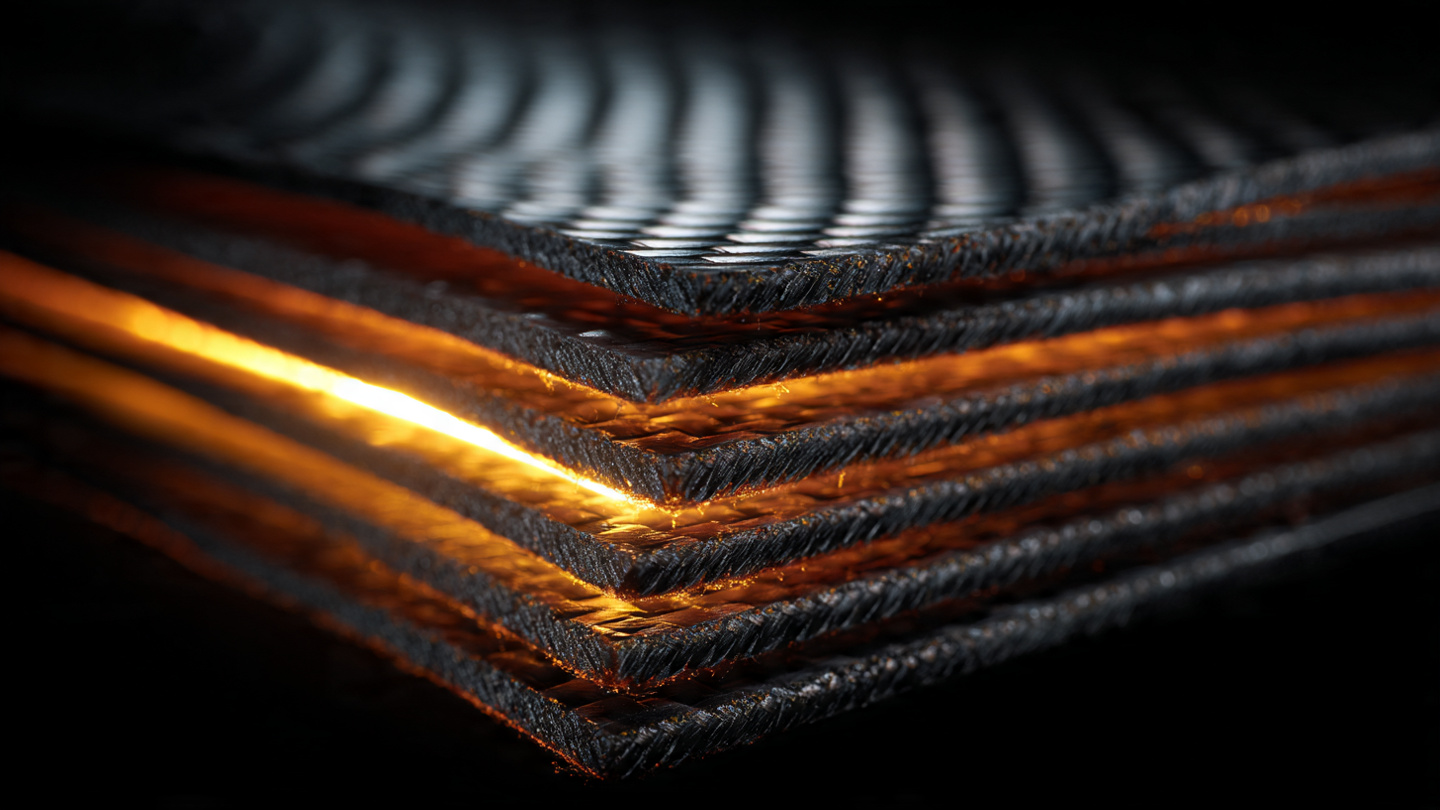 Macro photograph of layered carbon fiber composite cross-section showing a thermoplastic interlayer between woven carbon plies under warm directional lighting