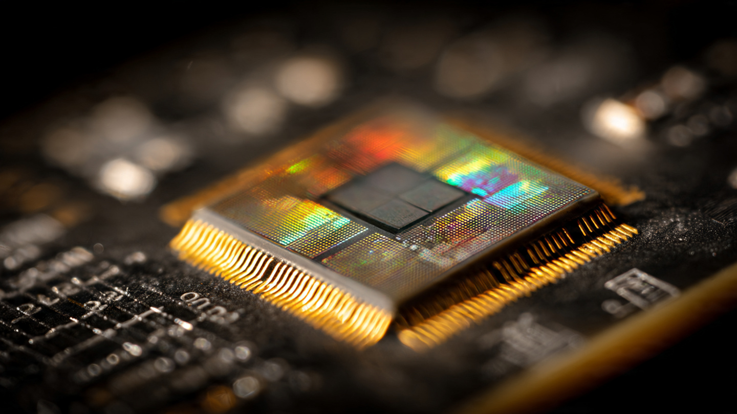 Macro photograph of a silicon carbide power semiconductor die with gold wire bonds under warm amber lighting