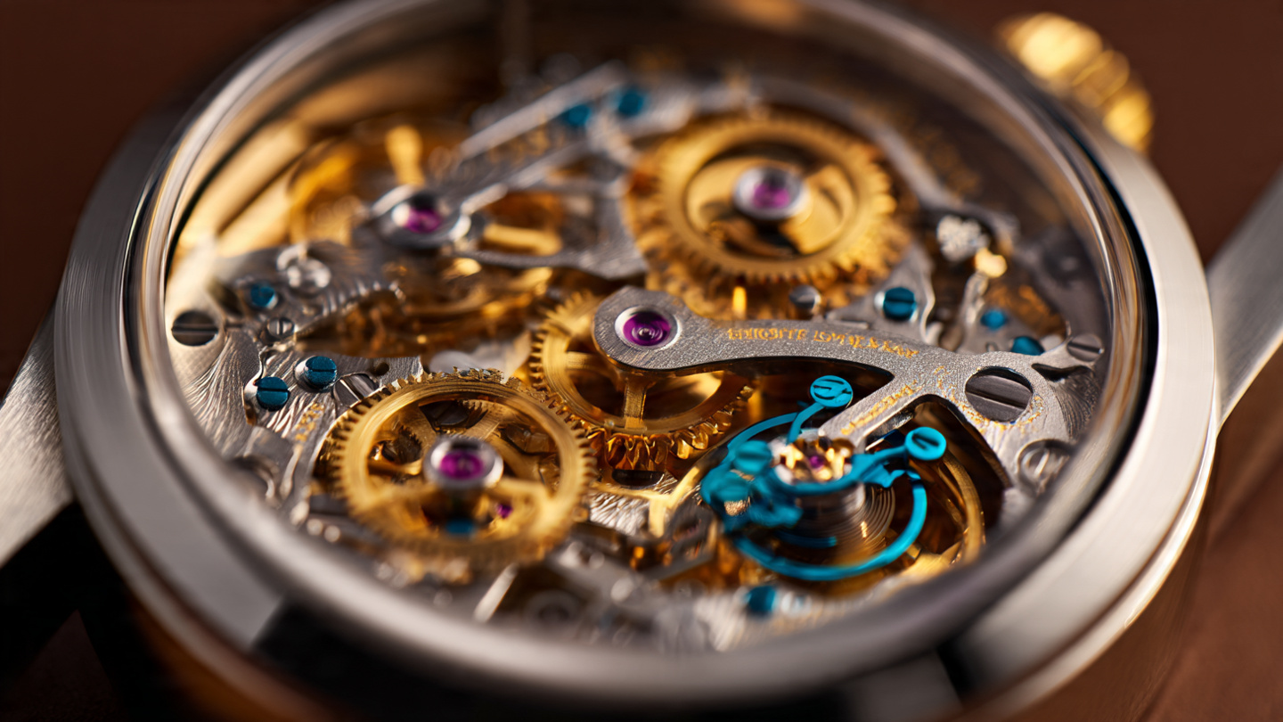 Close-up macro photograph of the Omega Caliber 3861 chronograph movement showing Co-Axial escapement, Geneva wave finishing on bridges, and silicon balance spring under warm directional lighting