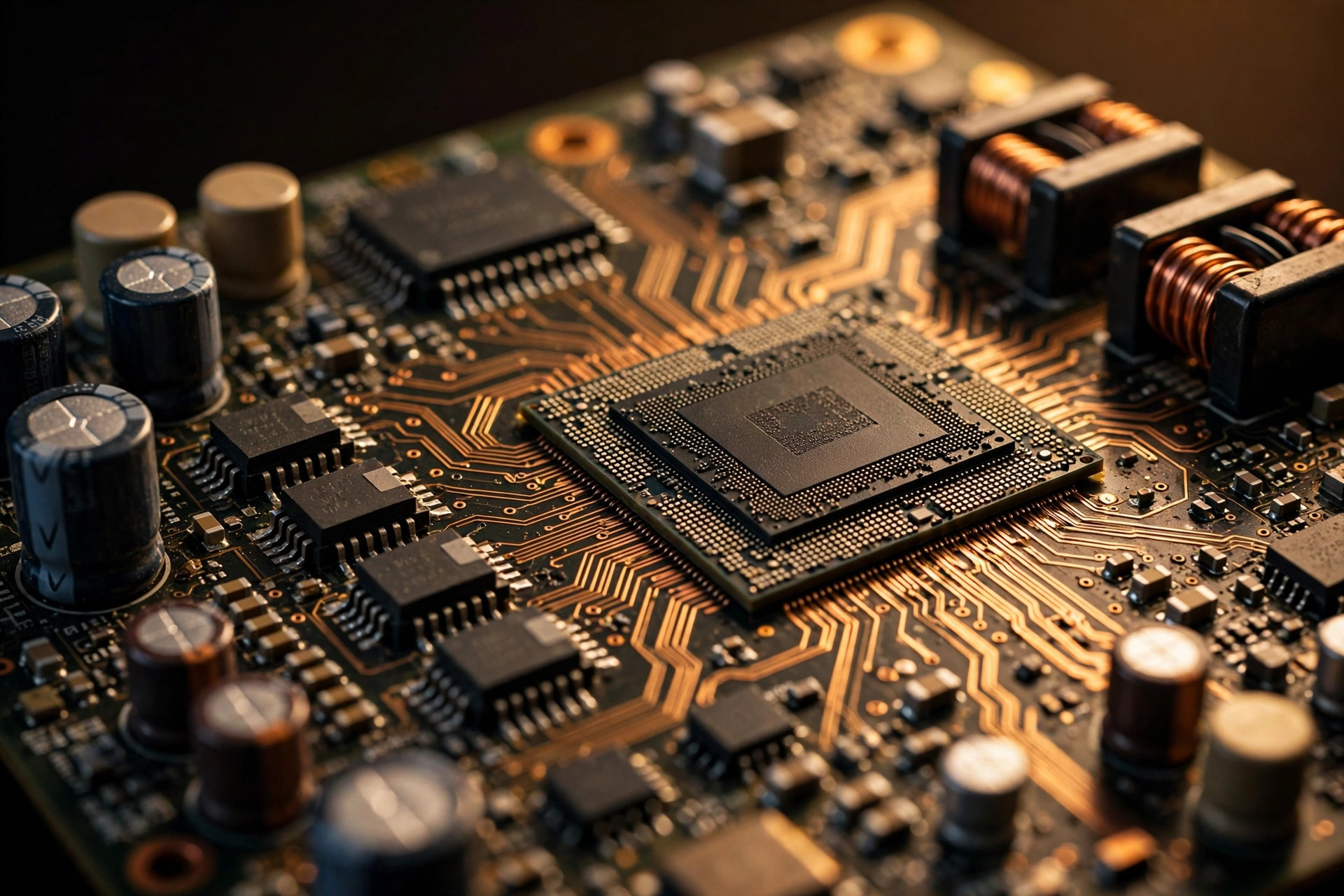 Editorial macro photograph of a hybrid powertrain control unit circuit board with copper traces and power electronics, warm amber studio lighting
