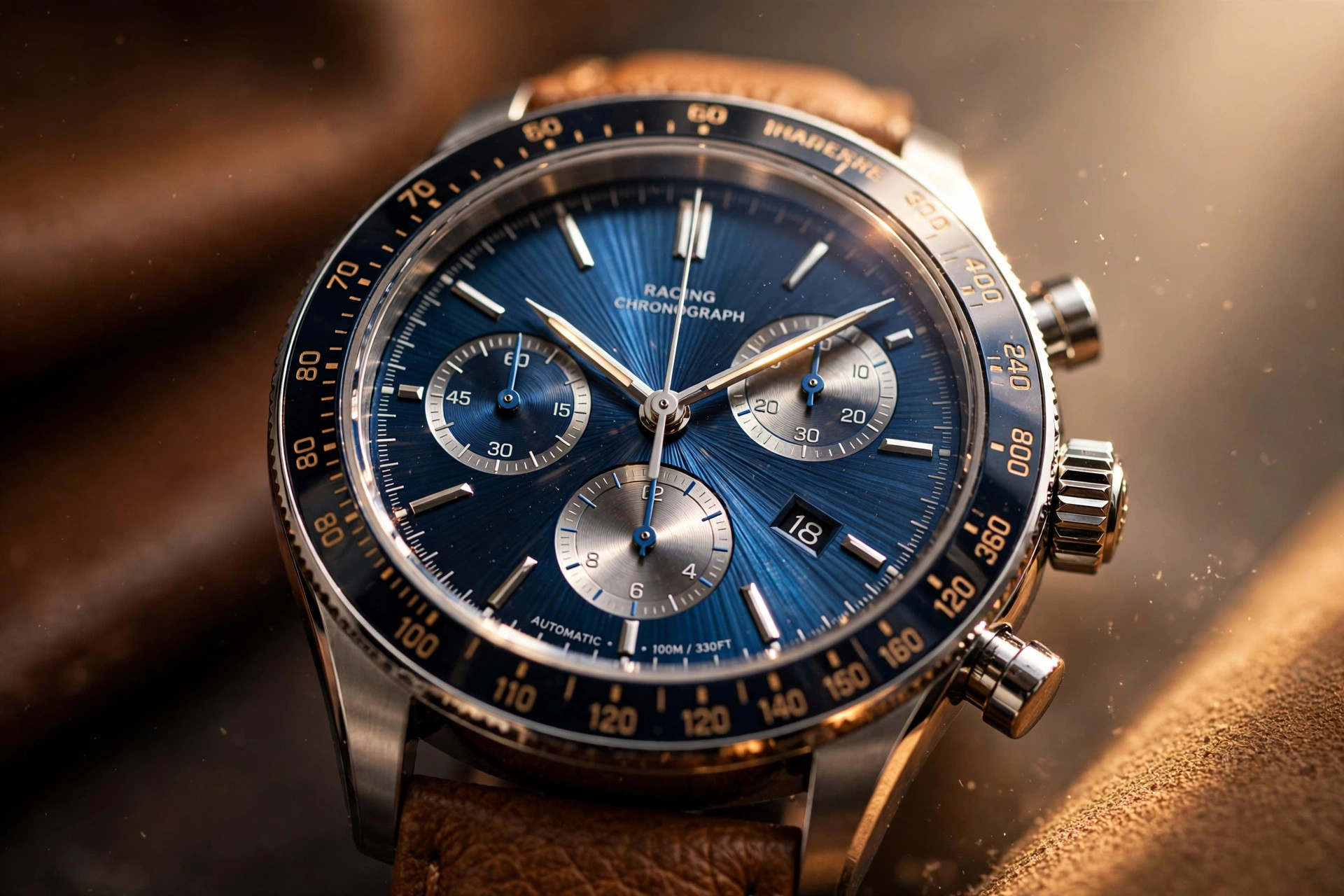 Editorial macro photograph of a steel racing chronograph with blue sunray dial, ceramic tachymeter bezel, and tricompax sub-dials, warm directional lighting