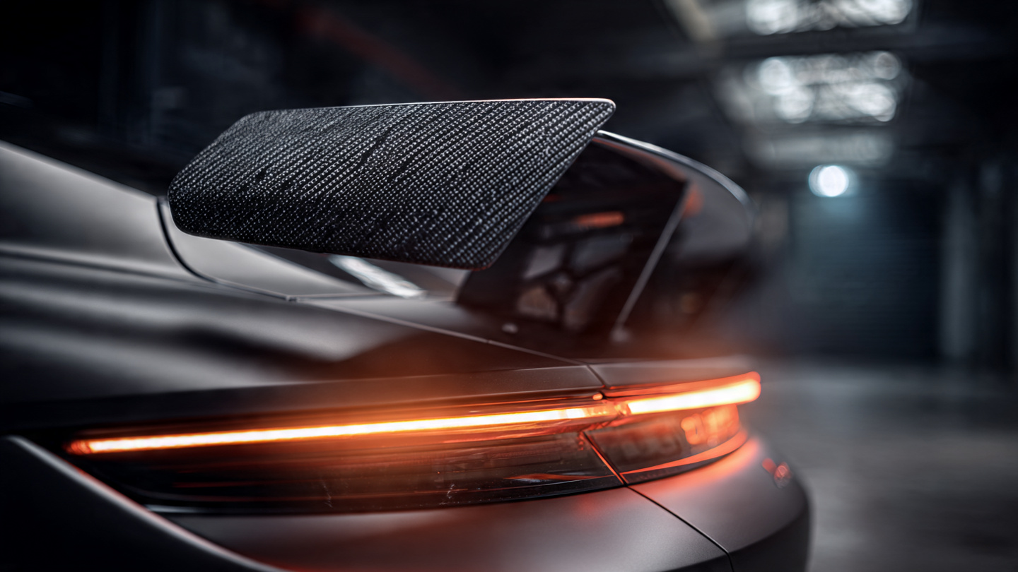 Close-up macro photograph of a Porsche Taycan Turbo GT rear carbon fiber wing with Manthey Racing aerodynamic end plates under warm directional lighting