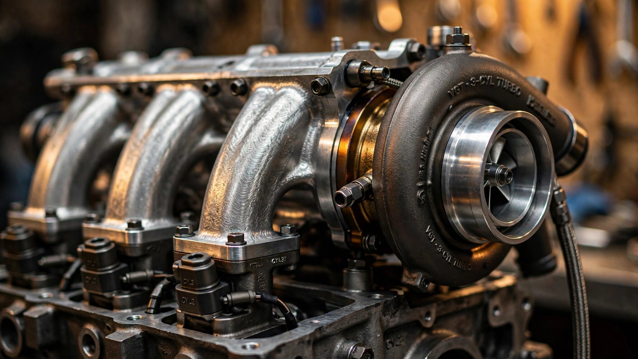 Macro photograph of a turbocharged three-cylinder engine block with warm workshop lighting