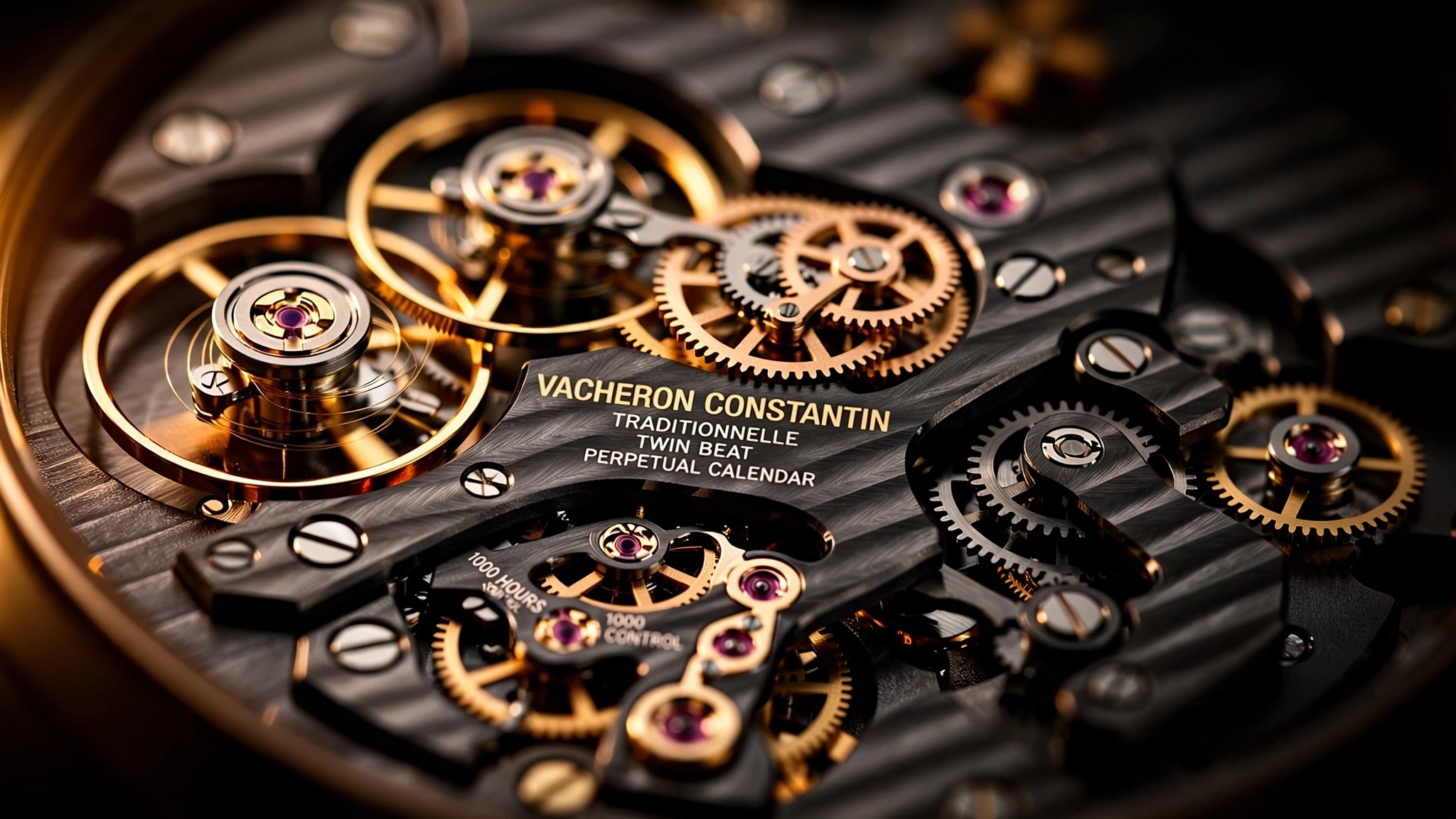 Macro close-up of intricate watch movement showing golden balance wheels and differential gears against dark NAC-coated bridges in warm amber studio lighting