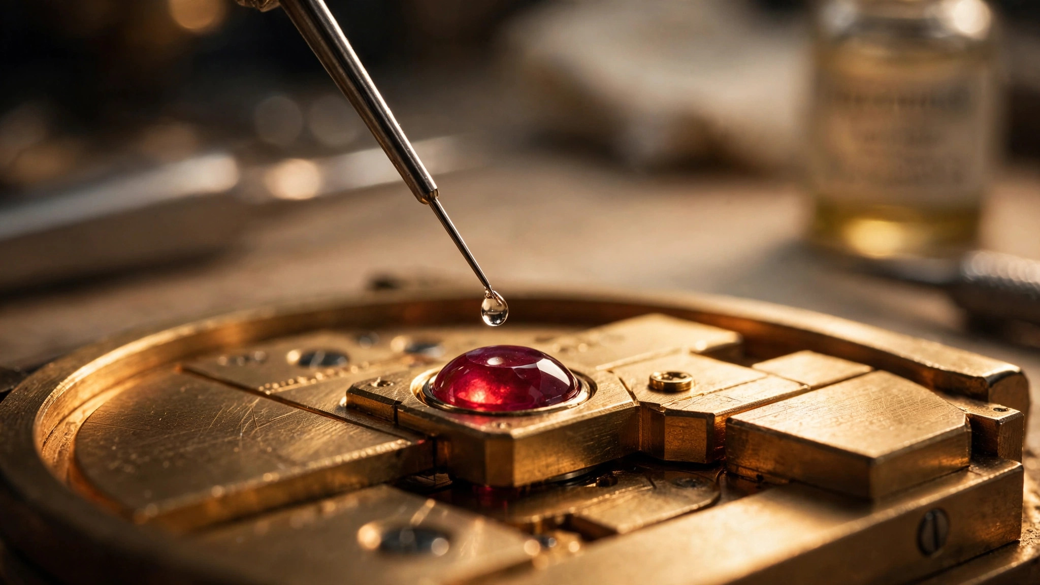 Macro photograph of a watchmaker applying oil to a ruby jewel bearing with a fine oiler needle under warm workshop lighting