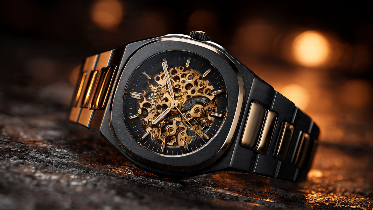 Black ceramic watch case with gold-toned skeletonized mechanical movement, dramatic warm lighting